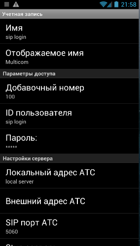Ввод данных для работы с локальным sip-сервером