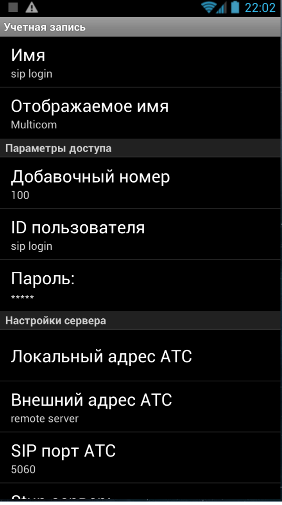 Ввод данных для работы с удаленным sip-сервером